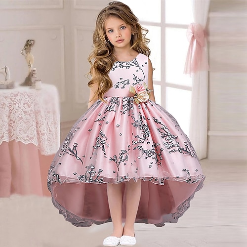 kinderkleidung Mädchen Kleid Blumen Einfarbig Ärmellos Hochzeit Party Rüschen Gitter Kuschelig Prinzessin Polyester Asymmetrisch Kleid mit Blumenstickerei A Linie Kleid Tüll-Kleid Sommer Frühling Image