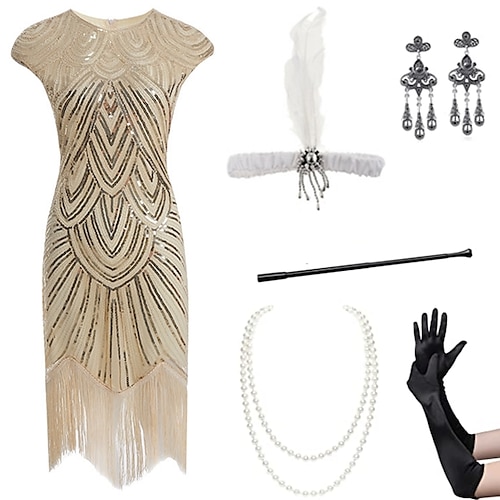 Goldene Zwanziger Vintage inspiriert Der große Gatsby Knielang Flapper Kleid Outfits Partykostüm Cap-Ärmel Ärmellos Der große Gatsby Hochzeitsgast Pailletten Quastenfransen Pailletten Quaste Rundhals Image