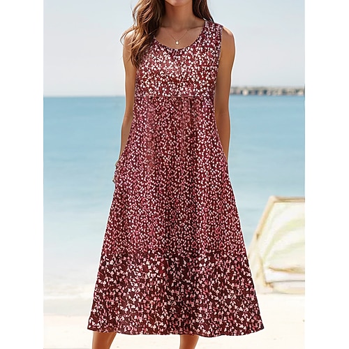Damen Sommerkleid Tank-Top Kleid Kleid drucken Aktiv Modisch Hawaiianisch Urlaub Festtage Strand Lockere Passform Ärmellos Rundhalsausschnitt wasserblau Sahne Wein Rote Sommer Frühling Image