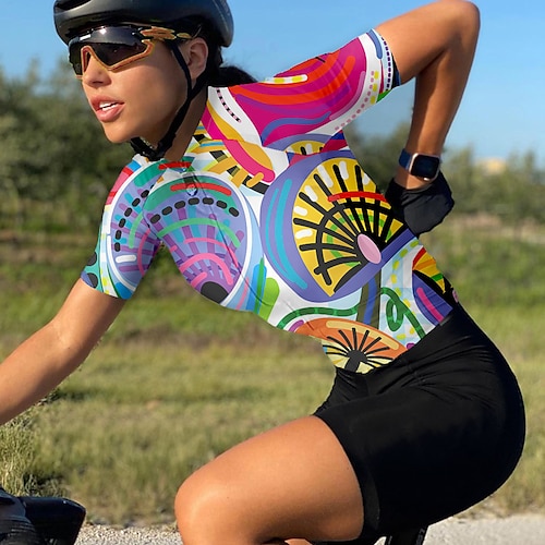 Damen Radtrikot Grafik Kurzarm Fahhrad Trikot Oberteil mit 3 Gesäßtaschen Mountainbike MTB Straßenradsport Schnelltrocknend Reflektierende Streifen Rückentasche Feuchtigkeitsableitend Sport Gelb Rot Image