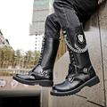 Herrenstiefel, Motorradstiefel, Kampfstiefel, Vintage, mittelhohe Stiefel, Schnalle, Metallkette, Punk-Stiefel, Outdoor, PU, Schnürung, Schwarz, Sommer, Winter