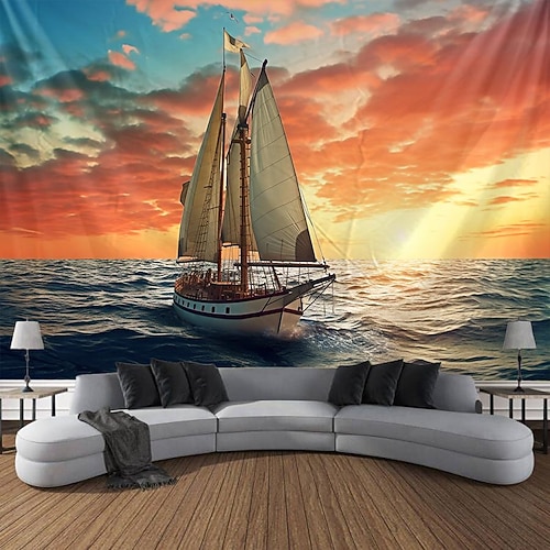 Meer Boot hängende Wandteppich Kunst große Wandteppich Wanddekor Foto Hintergrund Decke Vorhang Zuhause Schlafzimmer Wohnzimmer Dekoration Wandtuch XXL Natur Image