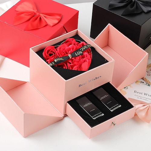 Geschenke zum Frauentag Valentinstag Ewige Blumen Schmuckbox Doppel-Layer Rosen-Geschenkbox Lippenstift Halskette Ring Ohrringe Schmuckbox für Mama Weihnachtsgeschenk Image