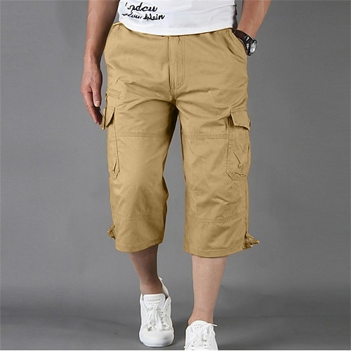 Herren Cargohose Cargohosen Cargohose Arbeitshose Schnitt Multi Pocket Glatt Tarnfarben Komfort Atmungsaktiv Wadenlänge Casual Täglich Strassenmode Sport Modisch Kurkuma Schwarz Mikro-elastisch Image