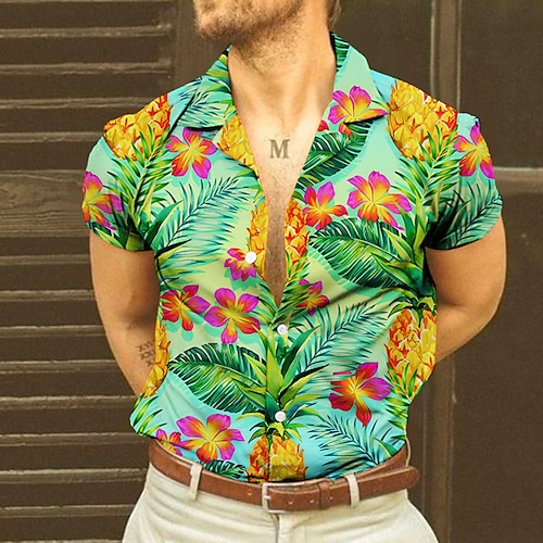 Herren Schädel Ananas Hemd Sommer Hawaiihemd Alohahemd Kurzarm Hemd Umlegekragen Tropisch Mode Hawaiianisch Lässig Strand Hawaiianisch Blau Gelb Hellgrün S M L Image