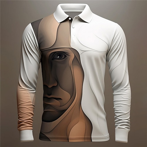 Herren Grafik Poloshirts Golfshirt Langarm Polo-Shirts Hemden mit Kragen Lässig Urlaubskleidung Rave-Kleidung Party-Outfits 3D-Druck Knöpfe Herbst Winter Blau Braun Khaki Image