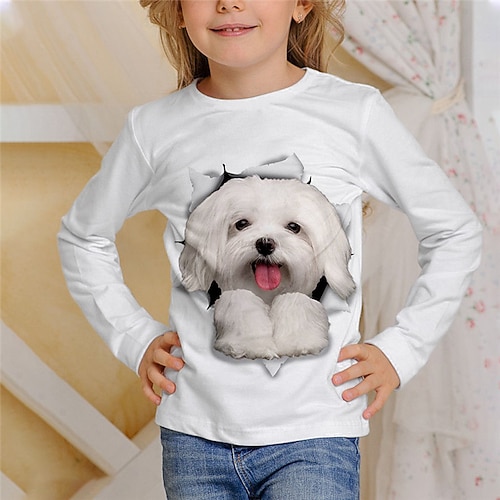 kinderkleidung Mädchen T-Shirt Tier Casual 3d Drucken Langarm Rundhalsausschnitt Kuschelig 7-13 Jahre Herbst Schwarz Weiß Elfenbein Image