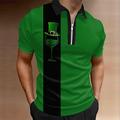 St.Patrick's Day Herren-Poloshirt mit Reißverschluss, Poloshirt, Golfshirt, Grafikdrucke, Saint Patrick's Day, Weinglas, St. Patrick's Day. Patrick's Day Clover Turndown Green Outdoor Street Short