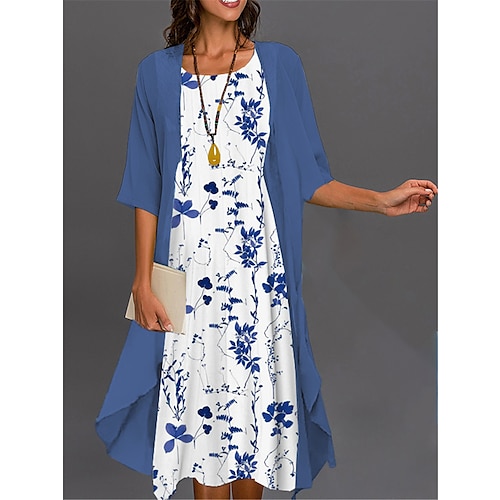 Damen Abschlusskleid Midi Kleid Zweiteiliges Kleid Set Lässiges Kleid Druck Kleid Elegant Fashion Ombre Floral Druck 3/4 Länge Ärmel Rundhalsausschnitt Outdoor Alltag Pink Dunkel Pink Blau Sommer Image