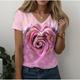 Damen T Shirt Herz Rose Blumen Wochenende Bedruckt Rosa Langarm Modisch V Ausschnitt Frühling Herbst