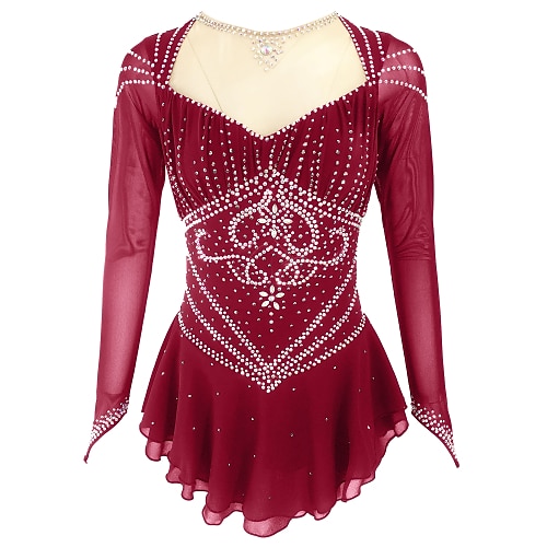 Eiskunstlaufkleid Damen Mädchen Eislaufen Kleider Austattungen Schwarz Gelb Dunkelrot Rückenfrei Spandex Elastisches Garn Hochelastisch Ausbildung Eiskunstlaufkleidung Einfarbig Klassisch Kristalle Image