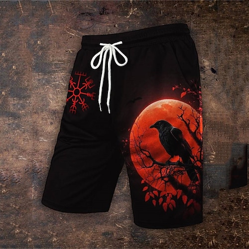 Herren Grafik Gruseliger Mond Krähe Badehosen Badeshorts Boardshorts Mittlere Taille Hawaiianisch Lässig Outdoor Ferien Strand Kordelzug mit Mesh-Futter Elastischer Bund Designer Bekleidung Image