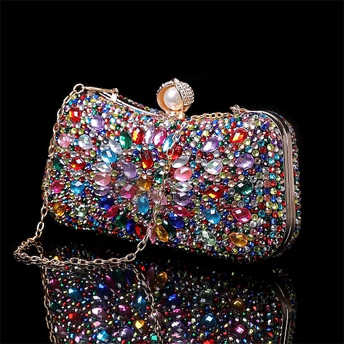 Mehrfarbige Abendclutch aus Kristall für Damen – luxuriöse Strass-Handtasche mit Perlenverschluss und Kettenriemen für Galas, Hochzeiten und formelle Anlässe
