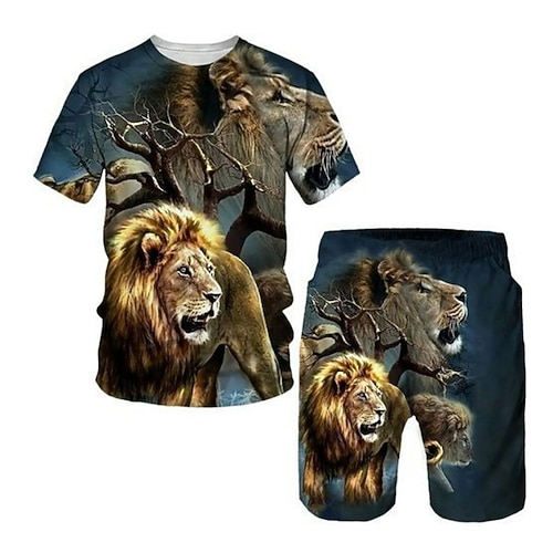 Jungen 3D Tier Löwe T-Shirt Shorts Kleidungsset Kurzarm Sommer Frühling Sport Modisch Cool kinderkleidung 3-13 Jahre Outdoor Urlaub Strasse Regular Fit Image