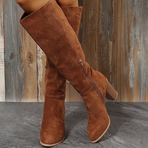 Kniehohe Stiefel mit Blockabsatz für Damen – Herbst-Winterstiefel im Wildlederstil für Damen, elegante hohe Stiefel für den Alltag, Verabredungen am Abend und das Büro-Outfit