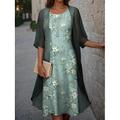 Absolventinnenkleid Midi-Kleid Zweiteiliges Kleid Set Lässiges Kleid Chiffon Kleid Druck Kleid Mode Modern Blumenmuster Halblanger Ärmel Rundhalsausschnitt Outdoor Urlaub Pink Blau Grün Frühling