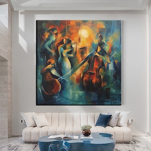 Große handgemalte Wandkunst, Jazzmusik-Band, abstraktes Ölgemälde auf Leinwand, moderne zeitgenössische Kunst, Heimdekoration, fertig zum Aufhängen oder auf Leinwand Image