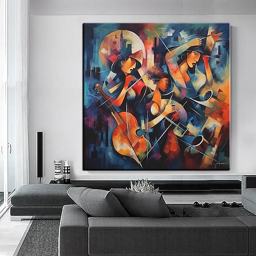 Große handgemalte Wandkunst, Jazzmusik-Band, abstraktes Ölgemälde auf Leinwand, moderne zeitgenössische Kunst, Heimdekoration, fertig zum Aufhängen oder auf Leinwand Image