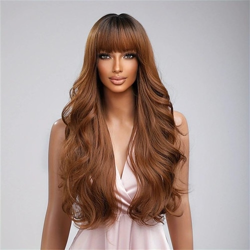 Kunsthaarperücke, lockig, ordentlicher Knall, lang, braun, rosa Kunsthaar, modisches Damen-Design, natürlich, leicht zu tragen, rosa-braune Weihnachtsparty-Perücken Image