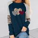 Damen T Shirt Baumwolle Herz Leopard Plaid Casual Ausgehen Bedruckt Schwarz Langarm Modisch Rundhalsausschnitt Frühling Herbst