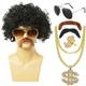 Disco-Perücke, 5-teiliges Set (Perücke Brille Halskette Schnurrbart), 70er-Jahre-Kostüme, Perücke, Afro-Perücke, kurze lockige, natürliche, flauschige Kunsthaar-Perücke für Halloween-Disco-Party