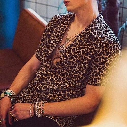 Herren Leopard Hemd Knopfhemd Kurzarm Sport Modisch Designer Täglich Festtage Sommer Frühling Umlegekragen Bedruckt Braun Image