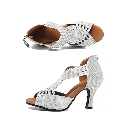 Damen Schuhe für den lateinamerikanischen Tanz Für den Ballsaal Square Dance Partysammlungen Modisch Party / Abend Strass Keilabsatz Offene Spitze Reißverschluss Erwachsene Schwarz Silber Rosa Image