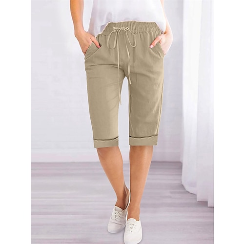 Damen Leinen-inspirierte Shorts Caprihose Hose aus Baumwollleinen Shorts Aktiv Einfach Lässig Knielang Hohe Taille Einfach Kordelzug Tasche Elastischer Bund Atmungsaktivität Weich Bequem Image