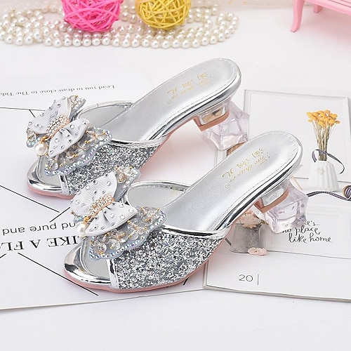 Glitzernde rosa Prinzessinnen-Pumps mit offener Spitze für Mädchen mit Schleifen- und Perlendetails – perfekt für Partys und zum Ausgehen Image