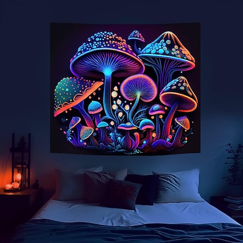Schwarzlicht Wandteppich UV reaktiv im Dunkeln leuchtende Party Neon Pilze psychedelisch trippig neblig hängender Wandteppich Wandbild für Wohnzimmer Schlafzimmer Image