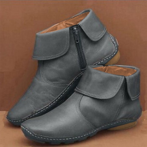 Burgunderrote Damenstiefeletten aus Kunstleder mit seitlichem Reißverschluss, bequeme, lässige, flache Stiefel zum Spazierengehen und für den Alltag Image