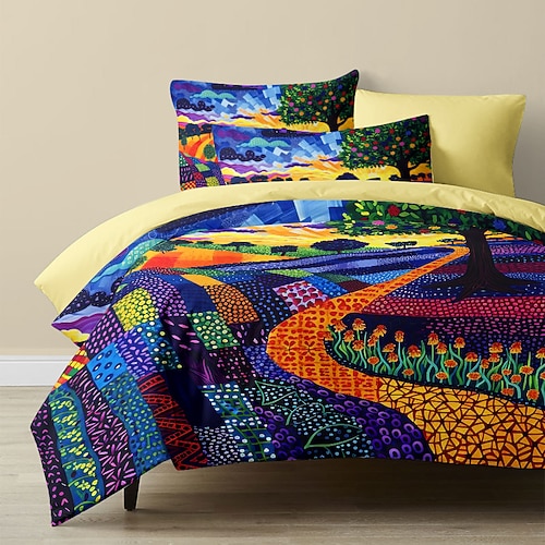 Bettbezug-Set mit Landschaftsmuster, weiches 3-teiliges Luxus-Baumwoll-Bettwäsche-Set, Heimdekoration, Geschenk, Doppelbett, King-Size-Bett, Queen-Size-Bett Image