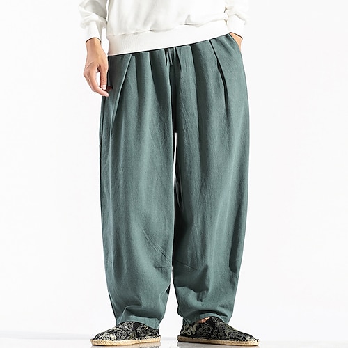 Herren Leinenhose Hose Hosen Sommerhosen Tasche Kordelzug Elastische Taille Glatt Komfort Atmungsaktiv Outdoor Täglich Ausgehen Modisch Brautkleider schlicht Schwarz Rote Image