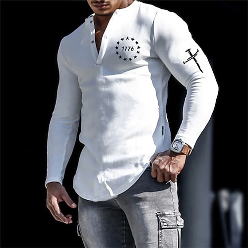Herren Henley Hemd Cooles Hemd Langarmshirt Langarm Henley Frühling Herbst Buchstabe Grafikdrucke Designer Basic Lässig Druck Button-Down Straße Sport Ferien Schwarz Weiß Blau Top T-Shirt für Herren Image