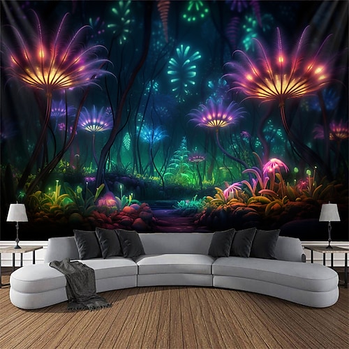 Schwarzlicht Wandteppich UV reaktiv im Dunkeln leuchtende Party gruselige Blumen trippige neblige Naturlandschaft hängender Wandteppich Wandbild für Wohnzimmer Schlafzimmer Image