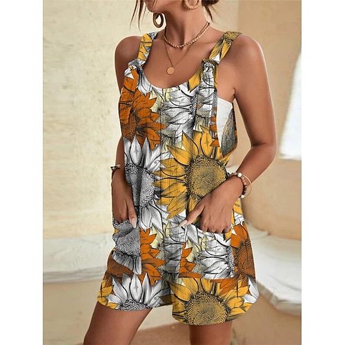 Damen Normal Overall Streetwear Blumen Ärmellos Rundhalsausschnitt Tasche Druck Urlaub Täglich Normale Passform Schwarz Weiß Gelb Sommer Image