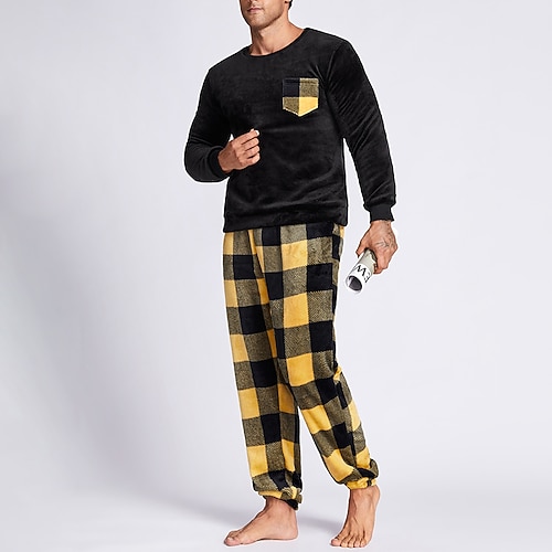 Herren Hausanzug Schlafanzüge Schlafanzug Set Pyjama-Oberteil und Hose 2 Stück Plaid Stilvoll Brautkleider schlicht Komfort Heim Täglich Flanell Komfort Rundhalsausschnitt Langarm Pullover Image