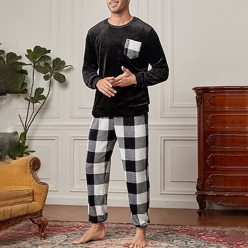 Herren Hausanzug Schlafanzüge Schlafanzug Set Pyjama-Oberteil und Hose 2 Stück Plaid Stilvoll Brautkleider schlicht Komfort Heim Täglich Flanell Komfort Rundhalsausschnitt Langarm Pullover Image