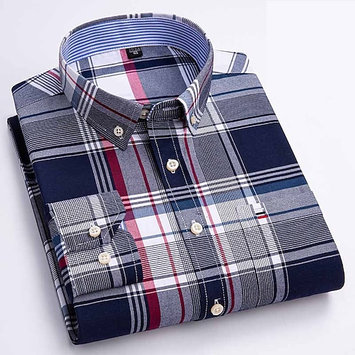Herren Kleidhemd Durchgeknöpft Hemd Oxford Hemd Bügelfreies Hemd Streifen und Karo Hochzeit Urlaub Grau Blau Rote Blau Braun Langarm Umlegekragen Ganzjahres Bekleidung Button-Down Image