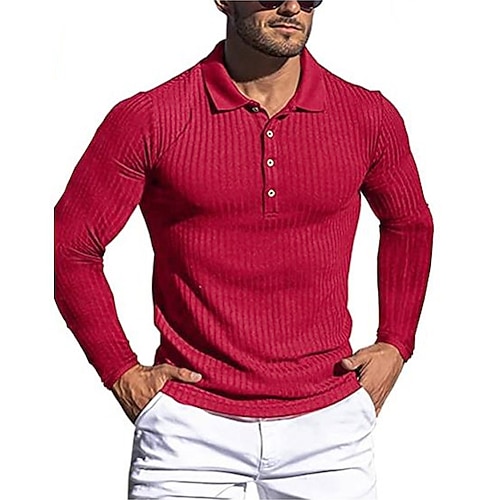 Herren Poloshirt Polo Pullover Casual Ausgehen Polo-Kragen Klassisch Langarm Sportbekleidung Brautkleider schlicht Feste Farbe Gestreift Knopf vorne Einfach Herbst Winter Schlank Schwarz Weiß Wein Image