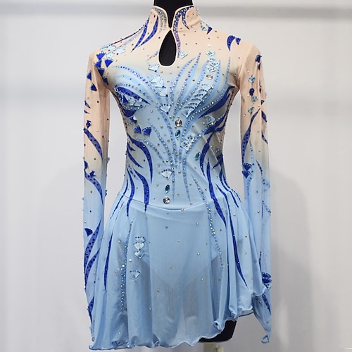 Eiskunstlaufkleid Damen Mädchen Eislaufen Kleider Austattungen Himmelblau Gitter Spandex Hochelastisch Wettbewerb Eiskunstlaufkleidung Handgemacht Kristalle Langarm Eislaufen Eiskundstlauf Image