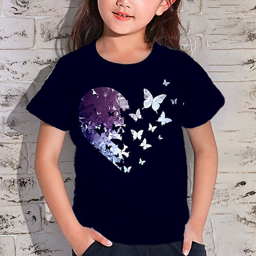 Mädchen 3D Tier Schmetterling Herz T-Shirt Kurzarm 3D-Druck Sommer Frühling Aktiv Modisch Kuschelig Polyester kinderkleidung 3-12 Jahre Outdoor Täglich Innen Regular Fit Image