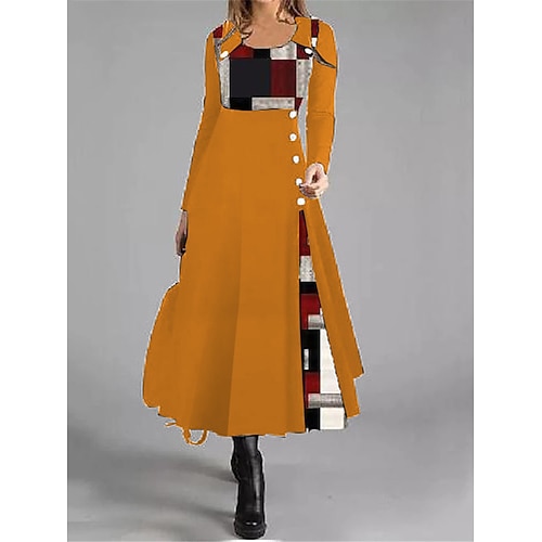 Freizeitkleid für Damen, A-Linie, geometrisch, Patchwork, Knopfleiste, lange Ärmel, Rundhalsausschnitt, schwarz, rot, Arbeit, Herbst, Winter, weich, bequem, regulär