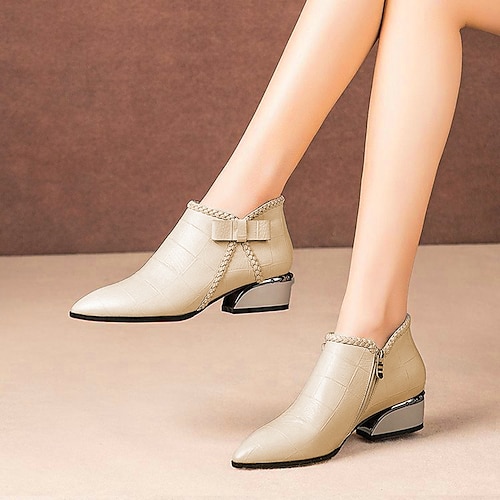 Beige Damen Stiefeletten aus Kunstleder mit Schleife und Blockabsatz, elegante spitze Stiefeletten für Büro und Party