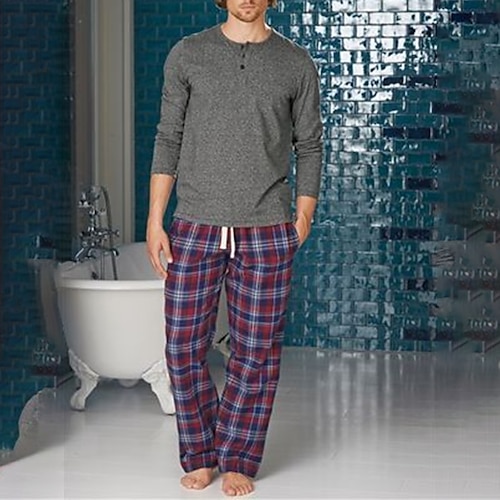 Herren Hausanzug Schlafanzüge Schlafanzug Set Pyjama-Oberteil und Hose 2 Stück Plaid Stilvoll Brautkleider schlicht Komfort Heim Täglich Baumwollmischung Komfort Henley Langarm T Shirt Hose Kordelzug Image