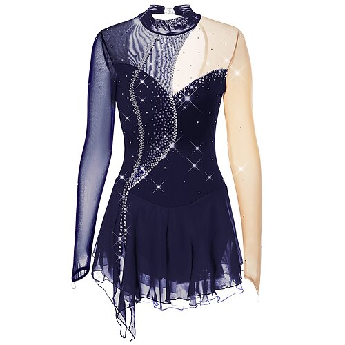 Eiskunstlaufkleid Damen Mädchen Eislaufen Kleider Austattungen Violett Dunkellila Schwarz und Violett Rückenfrei Gitter Elasthan Hochelastisch Wettbewerb Eiskunstlaufkleidung Handgemacht Kristalle Image