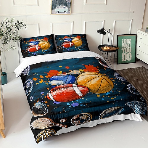 3D-Bettwäsche, Sport, Basketball, Baseball, Aufdruck, Bettbezug, Bettwäsche-Sets, Bettbezug mit 1 bedruckter Bettbezug oder Bettdecke, 2 Kissenbezüge für Doppelbett/Queen/King Image