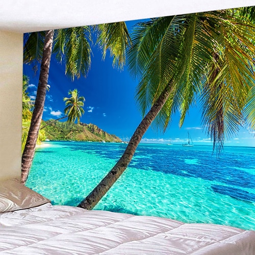 Wandteppich Kunst Dekor Decke Vorhang Picknick Tischdecke hängen zu Hause Schlafzimmer Wohnzimmer Wohnheim Dekoration Urlaub Urlaub Landschaft Meer Ozean Strand Kokosnussbaum Wandtuch XXL Natur Image