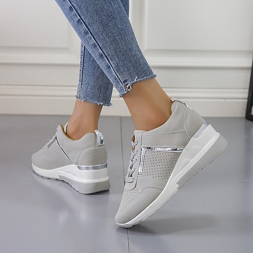 Damen-Sneaker mit Keilabsatz, Übergröße, höhenverstärkende Schuhe, Outdoor, täglicher Farbblock, Sommer, runde Zehenpartie, sportlich, klassisch, lässig, Tennisschuhe, Walking, Schnürschuhe, grau, rosa, weiße Sneakers Image