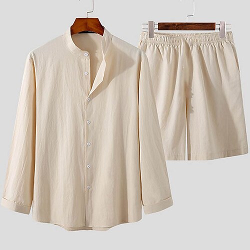 Herren Hemd aus Baumwollleinen 2 Stück Hemden-Set Sommerhemd Sommer-Set Strandhemd Glatt Strasse Täglich Purpur Aprikose Langarm Kragen Sommer Bekleidung 2 teilig Image